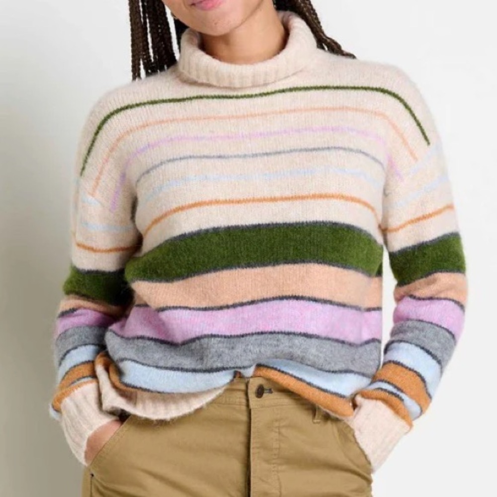 Toad & Co Toddy T-Neck Sweater cream colorful striped pattern knit fabric alpaca